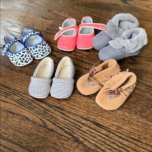 Bonpoint Pink Patent Mary Jane, blue and white stripe, moccasin Set - 5 pair